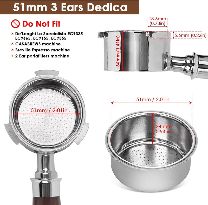 YMWVH 51mm Bottomless Portafilter 3 Ears, Professional Espresso Portafilter 51mm for De-longhi EC680, EC685 & EC885 Espresso Machine, Stainless Steel Basket and Walnut Handle - Image 2